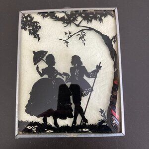 Antique Silhouette Art - Reverse Painted Convex Bubble Glass - Victorian Couple